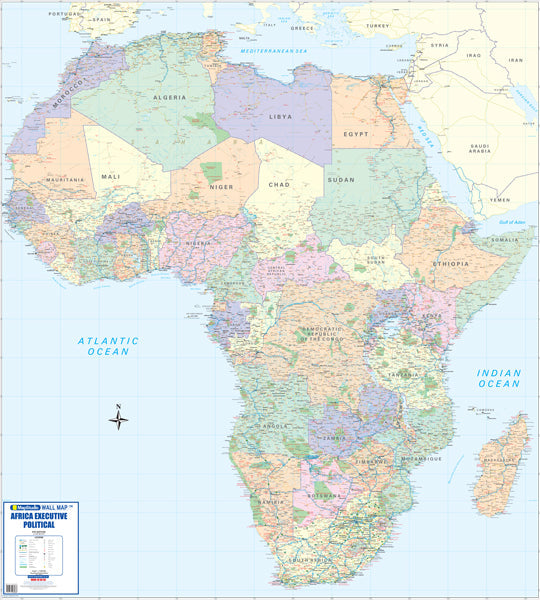 Africa Executive Political Wall Map, every country on the continent separated by colour with the road network