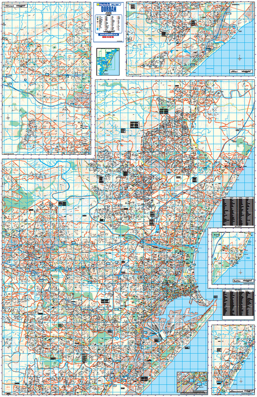 Durban Wall Map full sheet, 11th edition, 1:25 000, showing the eThekwini metro with panels for Hillcrest, uMlazi, Ballito and eManzimtoti