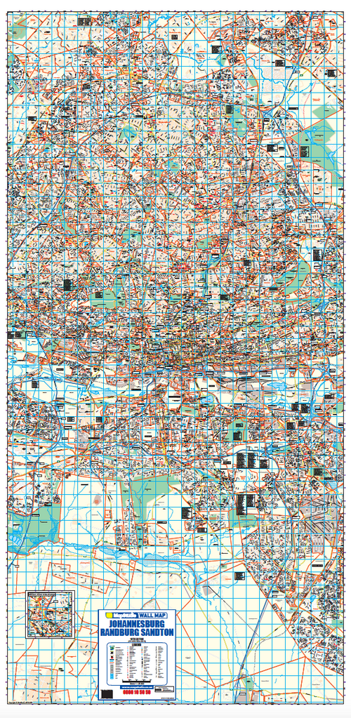 Johannesburg, Randburg and Sandton Wall Map full sheet, 18th edition, 1:25 000, a tall portrait sheet covering the corridor at street level