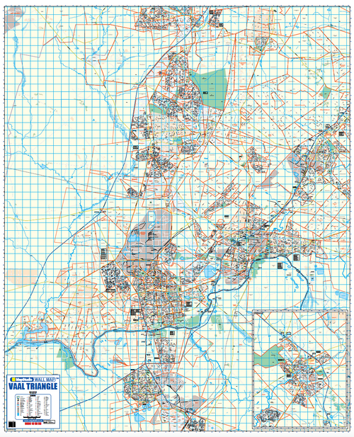 Map Studio Vaal Triangle Wall Map, full sheet, showing street-level coverage of the Vaal Triangle conurbation either side of the Vaal River, with an inset panel.