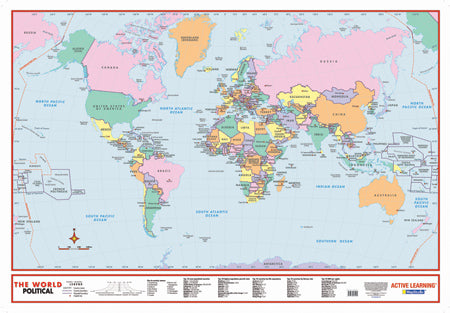 World Political Educational Wall Map showing every country in its own colour with its name and capital marked