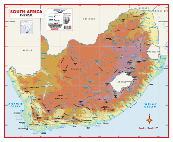 South Africa Physical Educational Wall Map showing relief in nine height bands with rivers, lakes and province boundaries