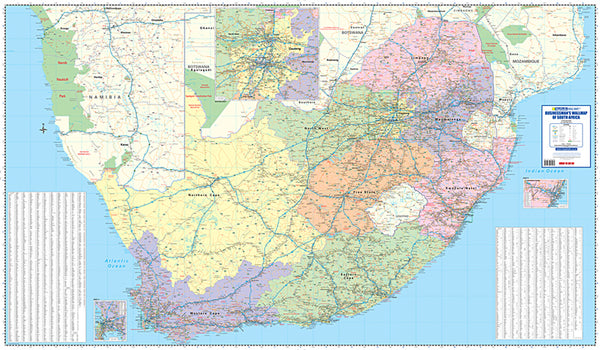 Businessman's Wall Map of South Africa, 20th edition, 1:1 000 000, showing the country with the national road network and city insets