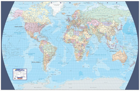 World Executive Large Wall Map, 1:13 000 000 on the Times projection, showing the whole world with political boundaries and ocean depth banding