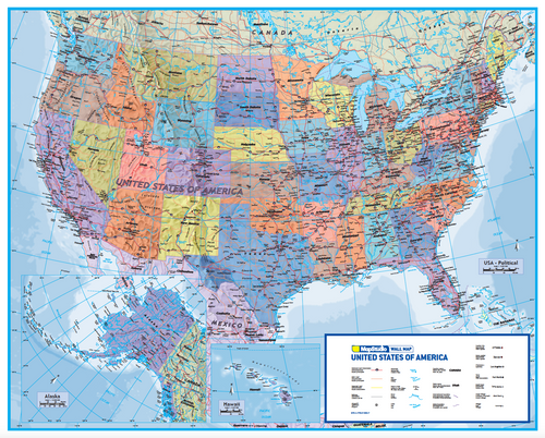 USA Wall Map at 1:9 697 000 showing all fifty states colour-coded, with Alaska and Hawaii insets, the Interstate network and terrain-detailed background