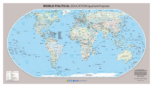 World Political Educational Wall Map on the Equal Earth projection at 1:30 300 000, showing all countries named and coloured at their true relative areas with rounded map sides