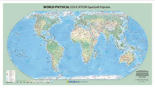 World Physical Educational Wall Map on the Equal Earth projection at 1:30 300 000, showing continental terrain, ocean floor and named peaks at true relative areas