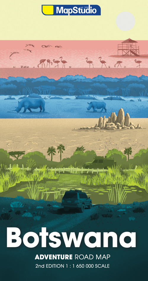 Illustrated cover for a map of Botswana with wildlife and landscapes, featuring MapStudio branding.
