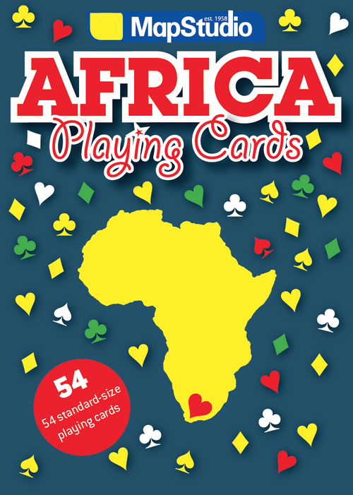 MapStudio Africa playing cards packaging with colorful card symbols and a map of Africa on a blue background.