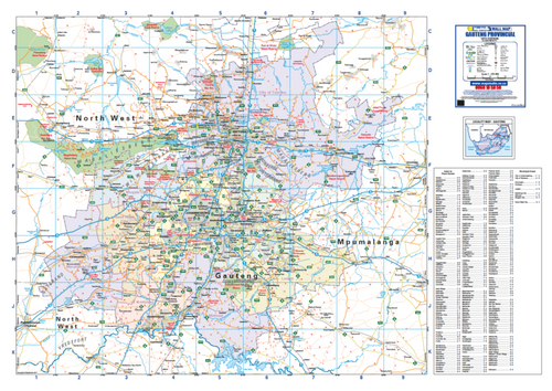 Gauteng Provincial Wall Map, 10th edition, 1:275 000 on A0, showing the province with municipalities shaded and named and a place-name index panel