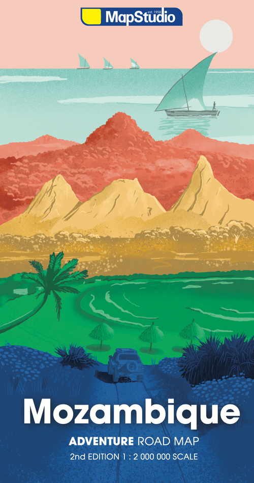 Illustrated map cover of Mozambique with mountains, a beach, and a car, featuring the MapStudio logo.