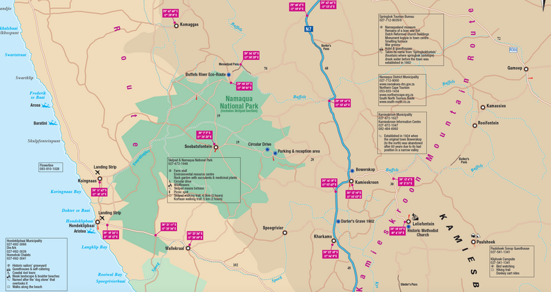 Map of the Kamieskroon Mountain Route with various locations marked, including a national park, on a beige background.