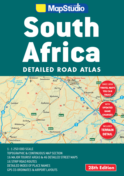 South Africa road atlas cover with MapStudio branding on a green background.