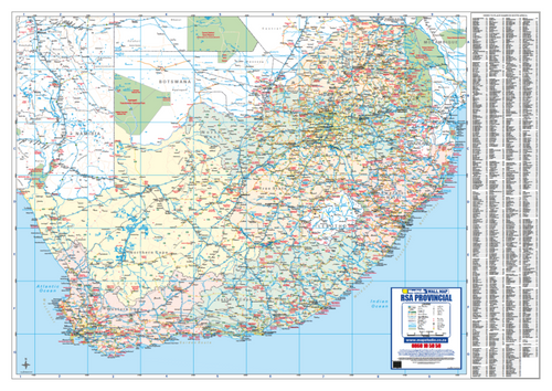 Map Studio South Africa Provincial Wall Map showing the nine provinces in colour, the national road network, neighbouring countries and the place-name index panel.