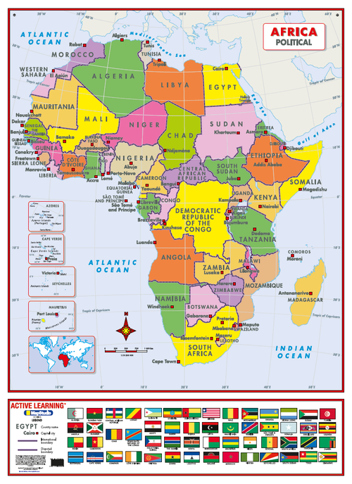 Africa Political Active Learning Wall Map showing every African country in its own colour with its name and capital marked
