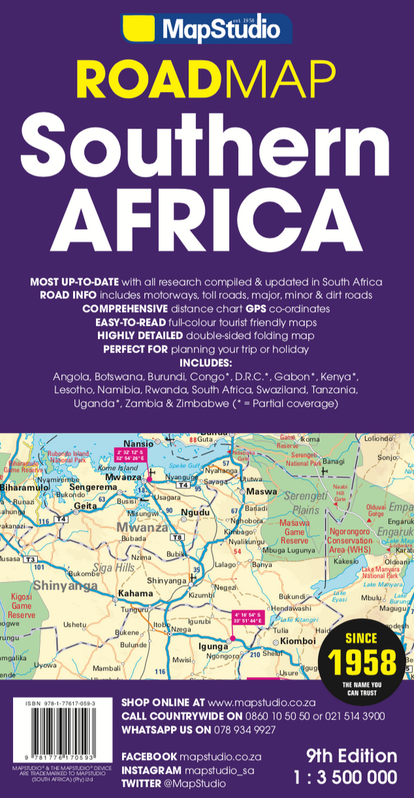MapStudio Southern Africa road map cover with colourful map and text on a purple background