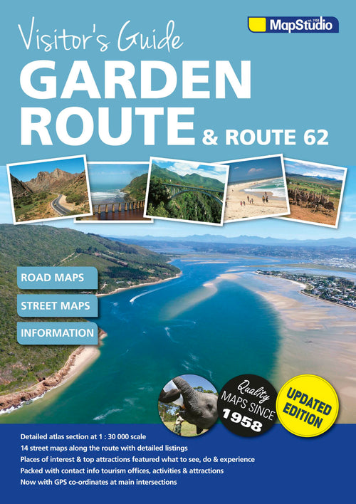 Cover of 'Visitor's Guide Garden Route & Route 62' with scenic images and map studio branding.