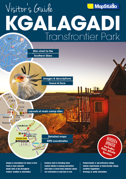 Cover of 'Visitor's Guide Kgalagadi Transfrontier Park' by MapStudio with images and text about the park.