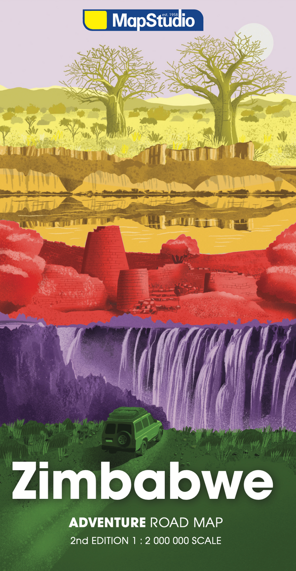 MapStudio Zimbabwe adventure road map with a scenic design of trees, water, and landscape.