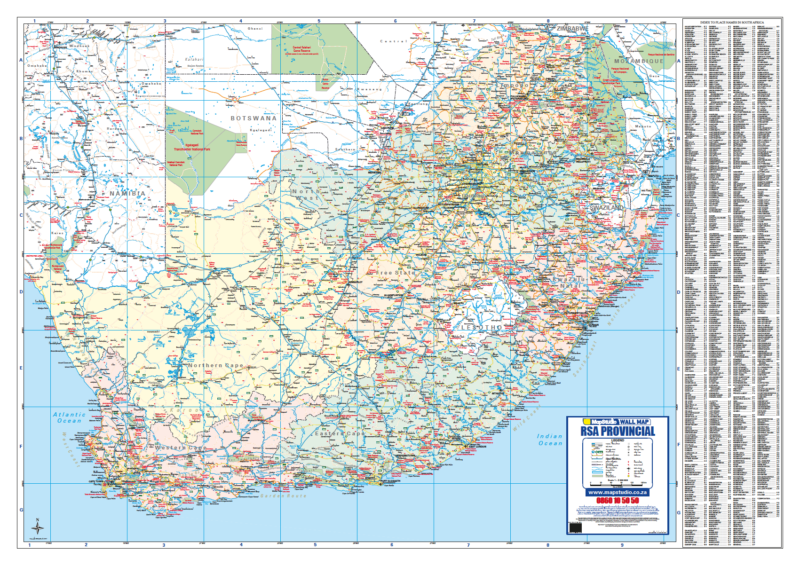 South Africa Provincial Wall Map, the nine provinces drawn on one A0 sheet