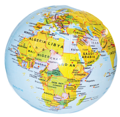 Inflatable globe showing a map of Africa with countries labelled.