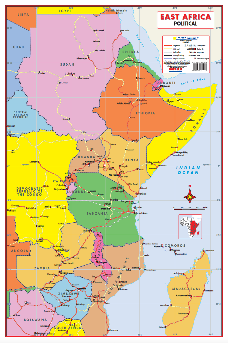 East Africa Political Educational Wall Map — FULL sheet