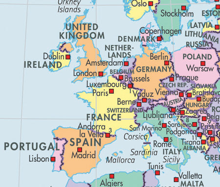 Map of Europe with various countries highlighted in different colors.