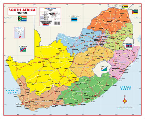 South Africa Political Wall Map showing the nine provinces coloured and named with capitals, roads and neighbouring countries
