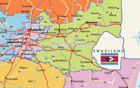 Map of South Africa with Swaziland highlighted, featuring roads and cities.