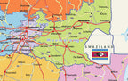 Map of South Africa with Swaziland highlighted, featuring roads and cities.