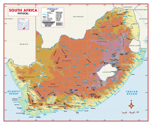 South Africa Physical Educational Wall Map showing relief in nine height bands with rivers, lakes and province boundaries