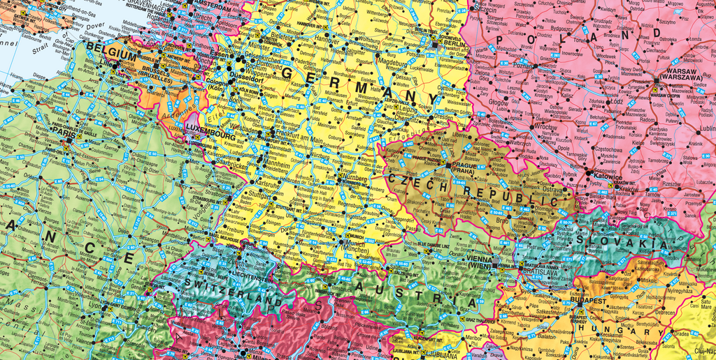 Detail from the Europe Wall Map showing motorways and E roads with their route numbers, population-graded cities, railways and named international airports