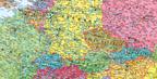 Detail from the Europe Wall Map showing motorways and E roads with their route numbers, population-graded cities, railways and named international airports