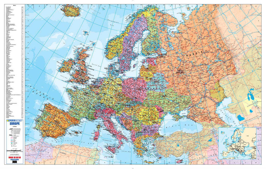 Europe Wall Map, 1st edition, 1:3 275 000 on the Lambert Conformal Conic projection, showing the whole continent colour-coded by country with terrain detail
