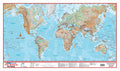 World map with physical geography features on a blue background