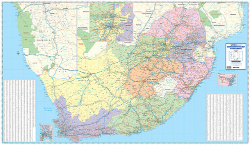 Businessman's Wall Map of South Africa, 20th edition, 1:1 000 000, showing the country with the national road network and city insets
