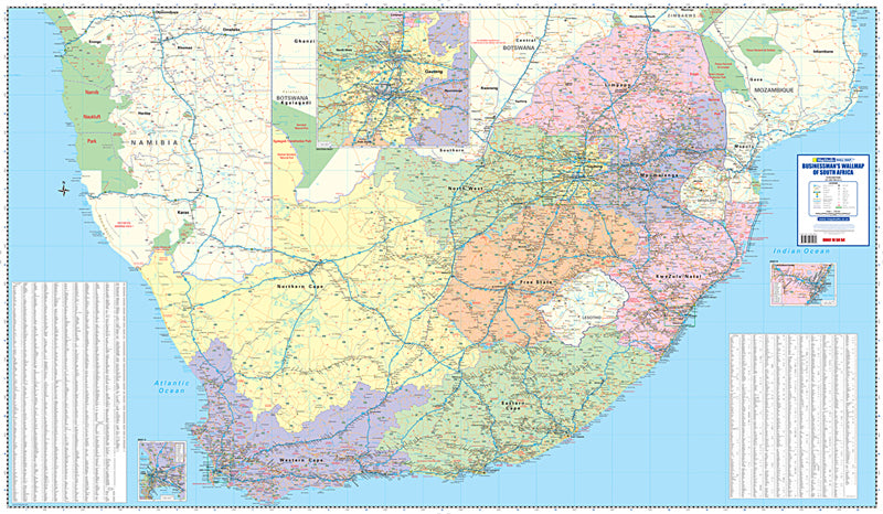Map of South Africa with color-coded regions on a blue background