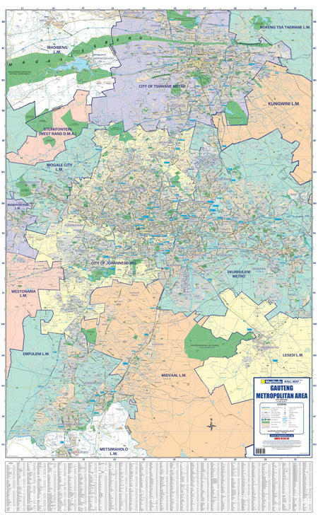 Gauteng Regional Wall Map, 10th edition, 1:100 000, showing the Gauteng metropolitan area with municipal areas shaded and named