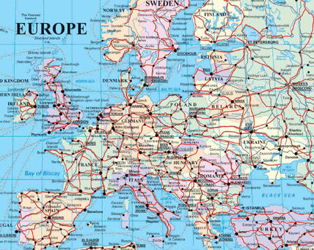Detail from the World Commercial Wall Map across Europe showing population-graded cities, boundaries, major roads and railways