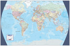 World map with political boundaries on a blue background