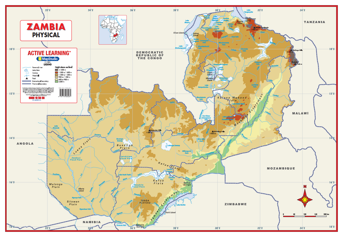 Zambia Physical Educational Wall Map — FULL sheet