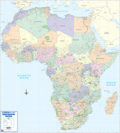Africa Executive Political Wall Map, 8th edition, 1:5 000 000, showing every country on the continent separated by colour with the road network