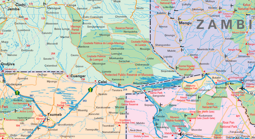 Detail from the Africa Executive Political Wall Map showing graded roads with distances in kilometres, route numbers, border posts and national parks