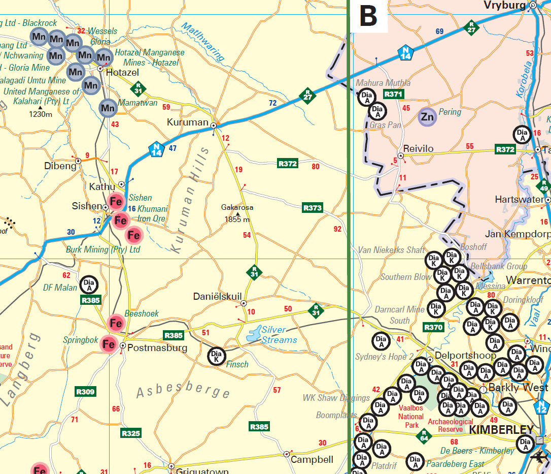 Two maps showing different regions within the Northern Cape province with labelled points and routes.