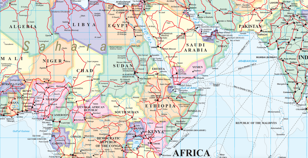 Detail from the World Executive Large Wall Map showing population-graded cities, boundaries, shipping routes in nautical miles and ocean depth bands