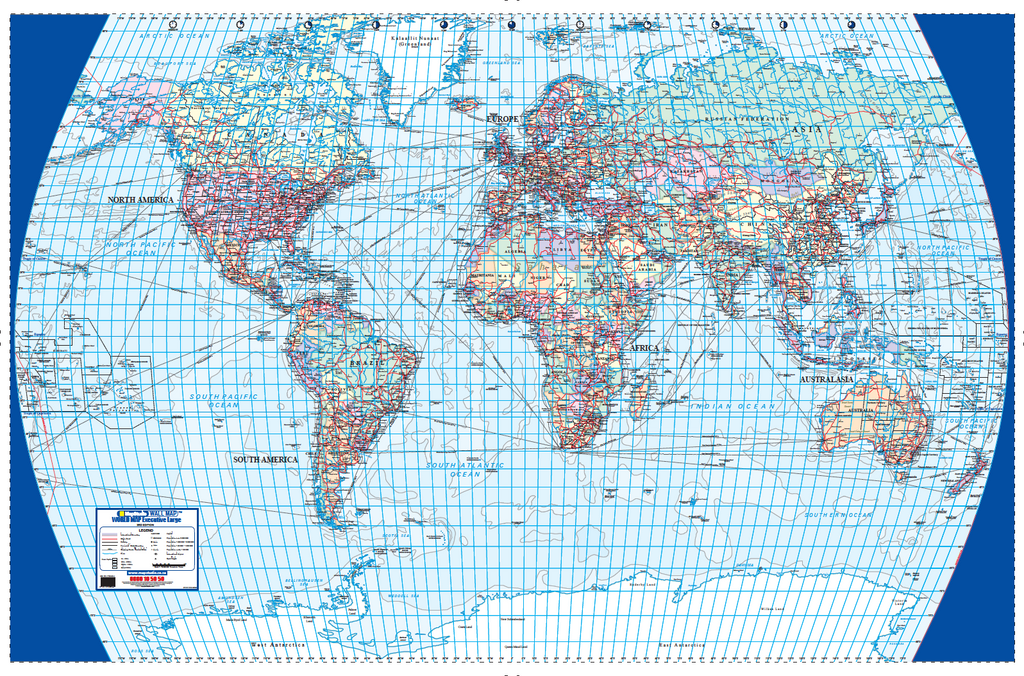 World Executive Large Wall Map, 3rd edition, 1:13 000 000 on the Times projection, showing the whole world with political boundaries and ocean depth banding