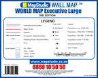 Legend of the World Executive Large Wall Map, 3rd edition, listing boundaries, shipping routes in nautical miles, city population bands, airports and four ocean depth bands. Scale 1:13 000 000, Times projection.