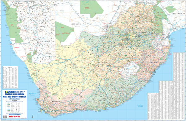 General Information Wall Map of South Africa, 7th edition, 1:1 500 000, showing the country with municipal areas drawn over the road network