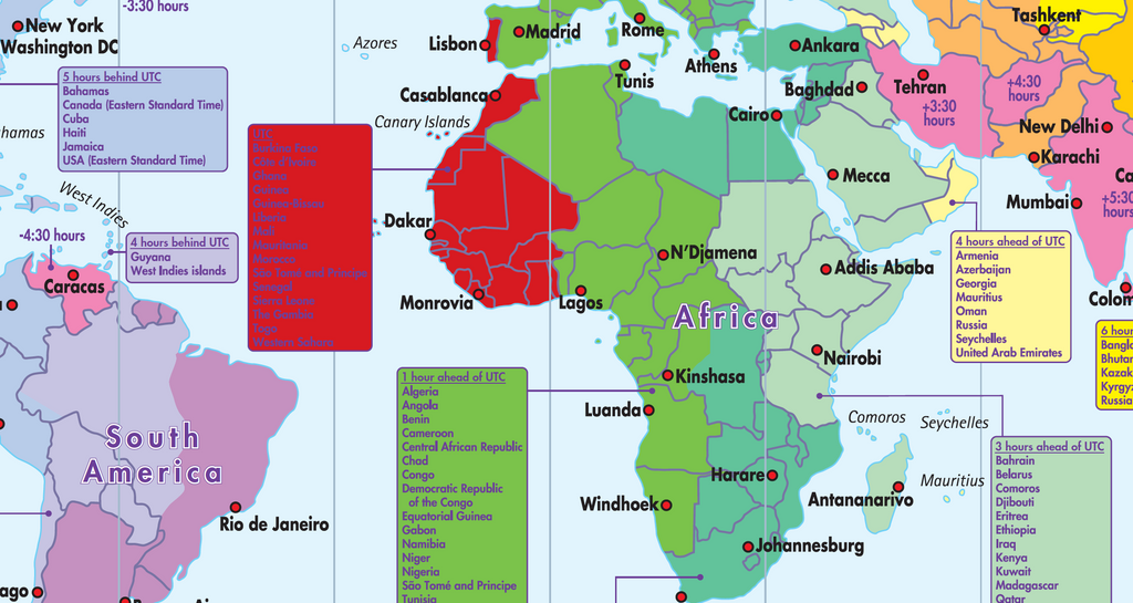 Detail from the Time Zones of the World Educational Wall Map, showing Africa and surrounding regions with colour-coded time zones, cities and country lists.