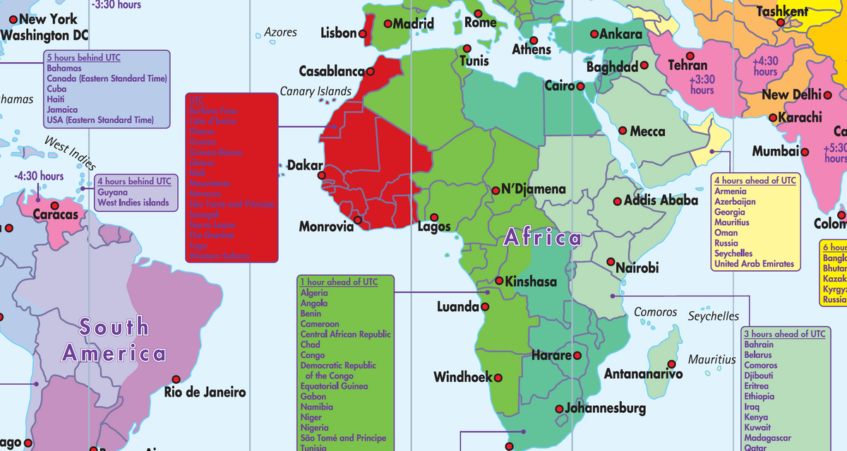 Detail from the Time Zones of the World Educational Wall Map, showing Africa and surrounding regions with colour-coded time zones, cities and country lists.